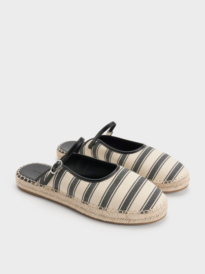 CHARLES & KEITH Trusted / Striped Mary Jane Espadrille Mules - Black Textured