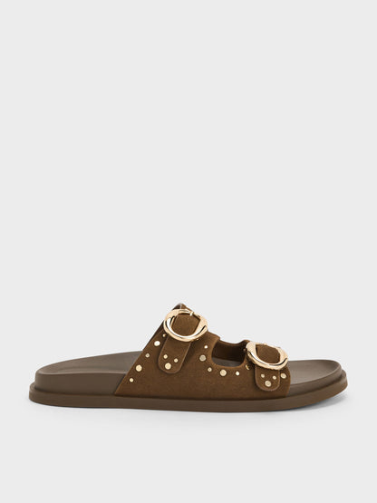 CHARLES & KEITH Signature / Studded Buckled Double-Strap Slides - Brown