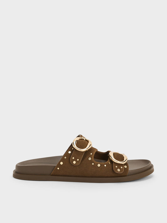 CHARLES & KEITH Signature / Studded Buckled Double-Strap Slides - Brown