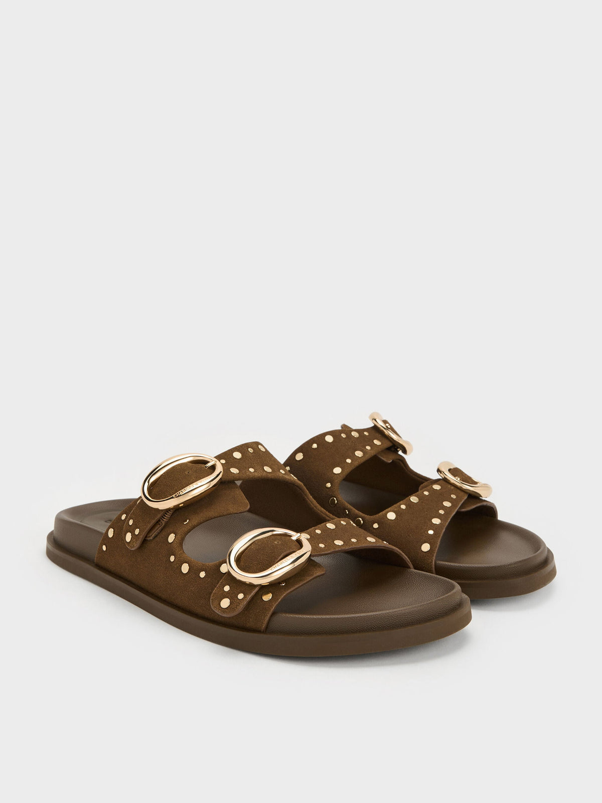 CHARLES & KEITH Signature / Studded Buckled Double-Strap Slides - Brown