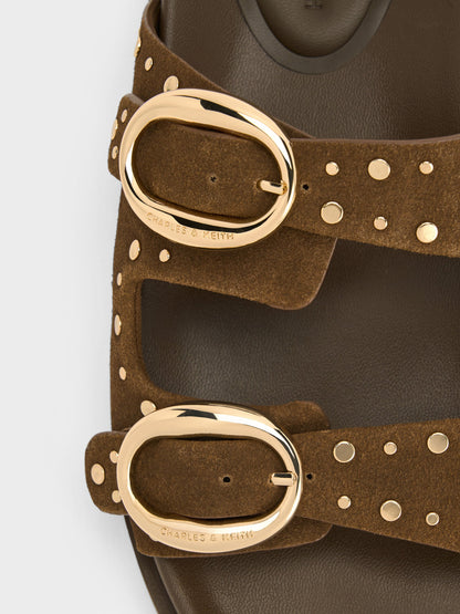 CHARLES & KEITH Signature / Studded Buckled Double-Strap Slides - Brown