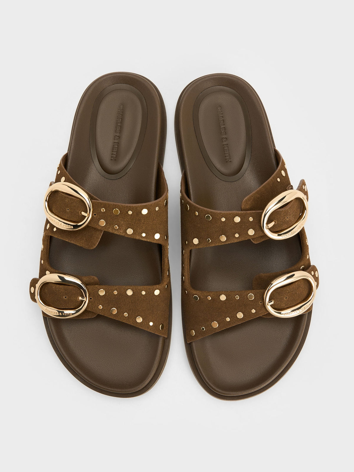 CHARLES & KEITH Signature / Studded Buckled Double-Strap Slides - Brown