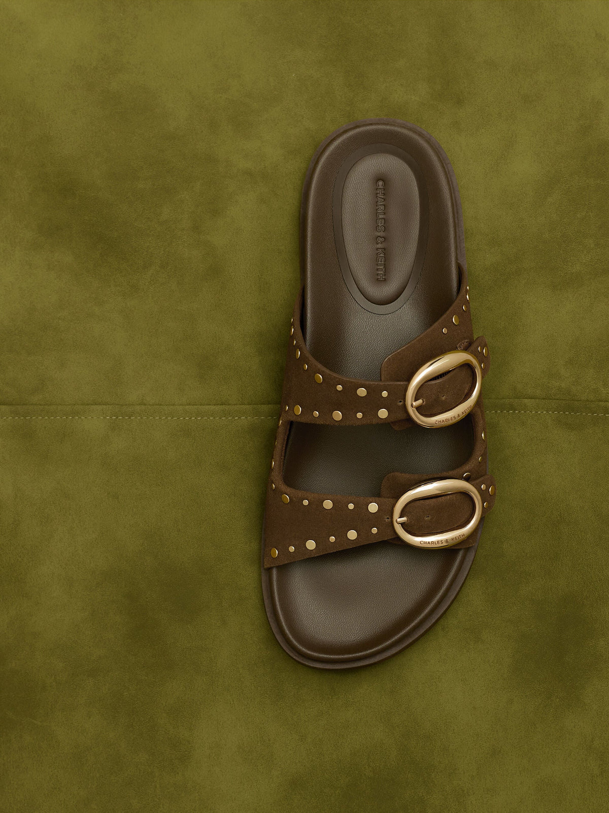 CHARLES & KEITH Signature / Studded Buckled Double-Strap Slides - Brown