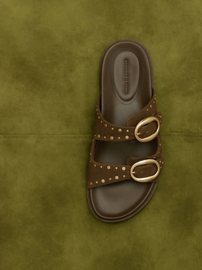 CHARLES & KEITH Signature / Studded Buckled Double-Strap Slides - Brown