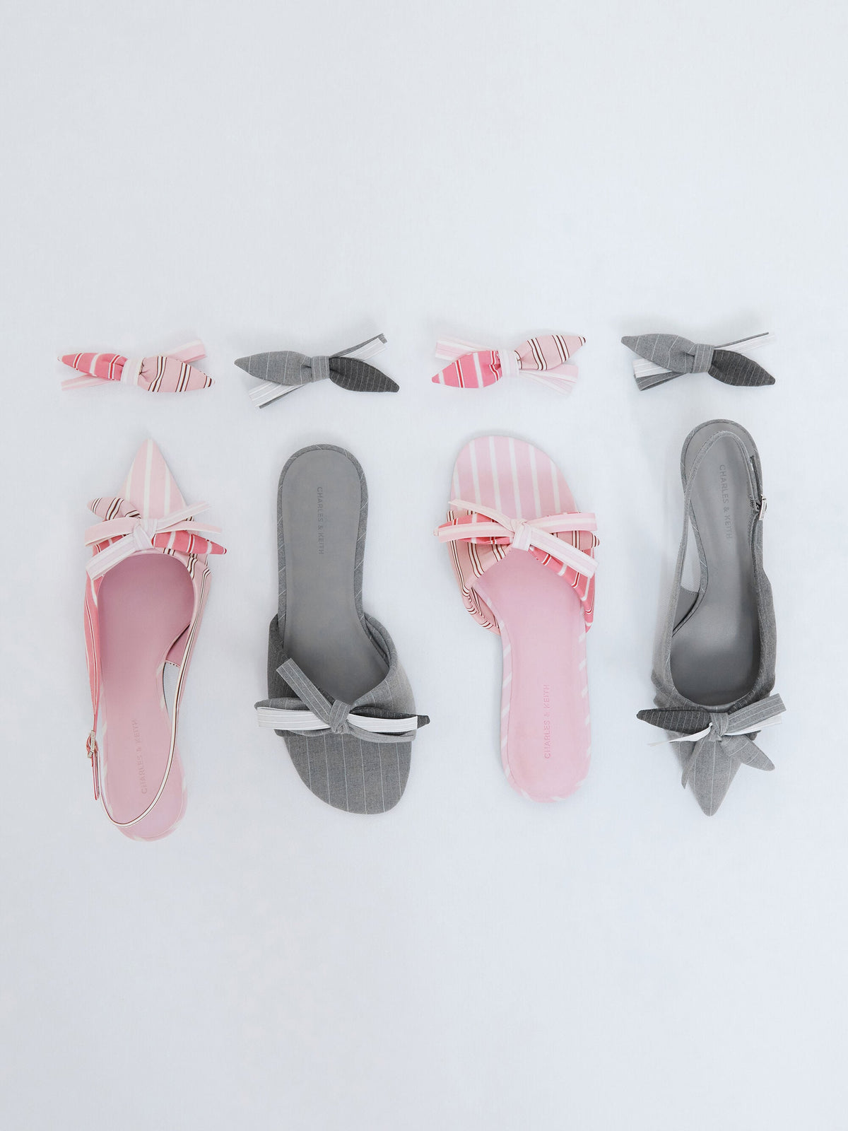 CHARLES & KEITH New / Striped Bow Slide Sandals - Grey
