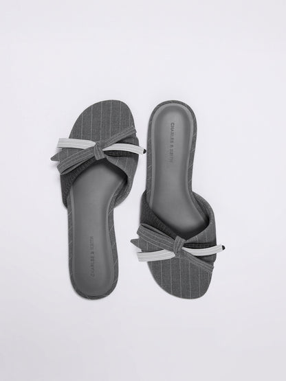 CHARLES & KEITH New / Striped Bow Slide Sandals - Grey