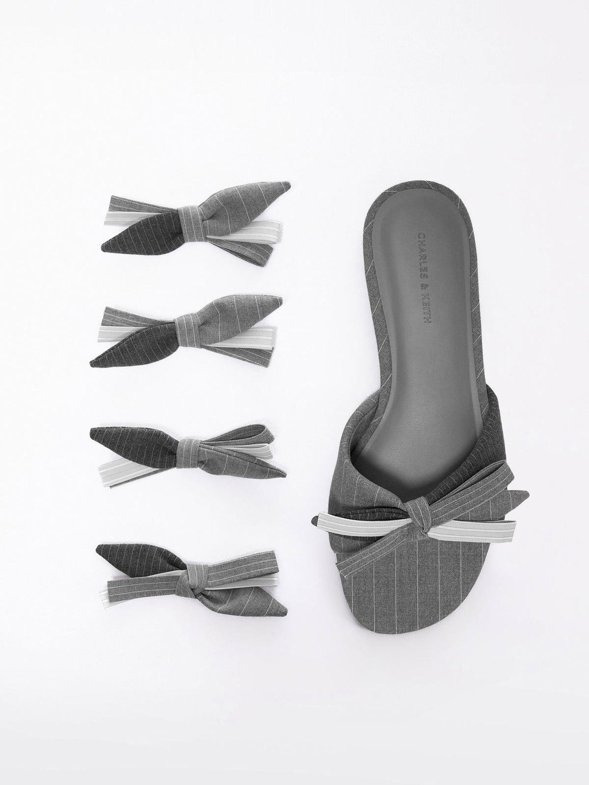 CHARLES & KEITH New / Striped Bow Slide Sandals - Grey