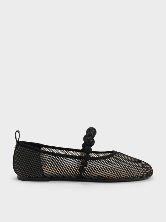 CHARLES & KEITH Classic / Leather Mesh Beaded Mary Jane Flats - Black Textured