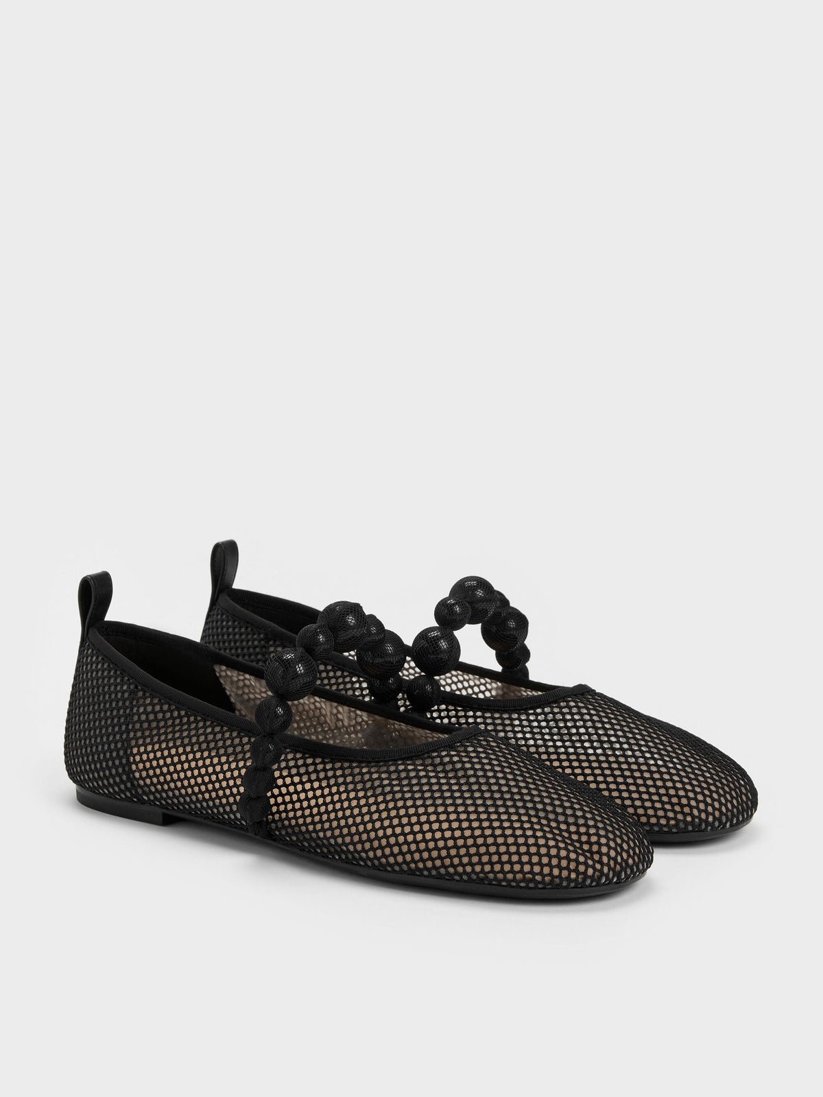 CHARLES & KEITH Classic / Leather Mesh Beaded Mary Jane Flats - Black Textured