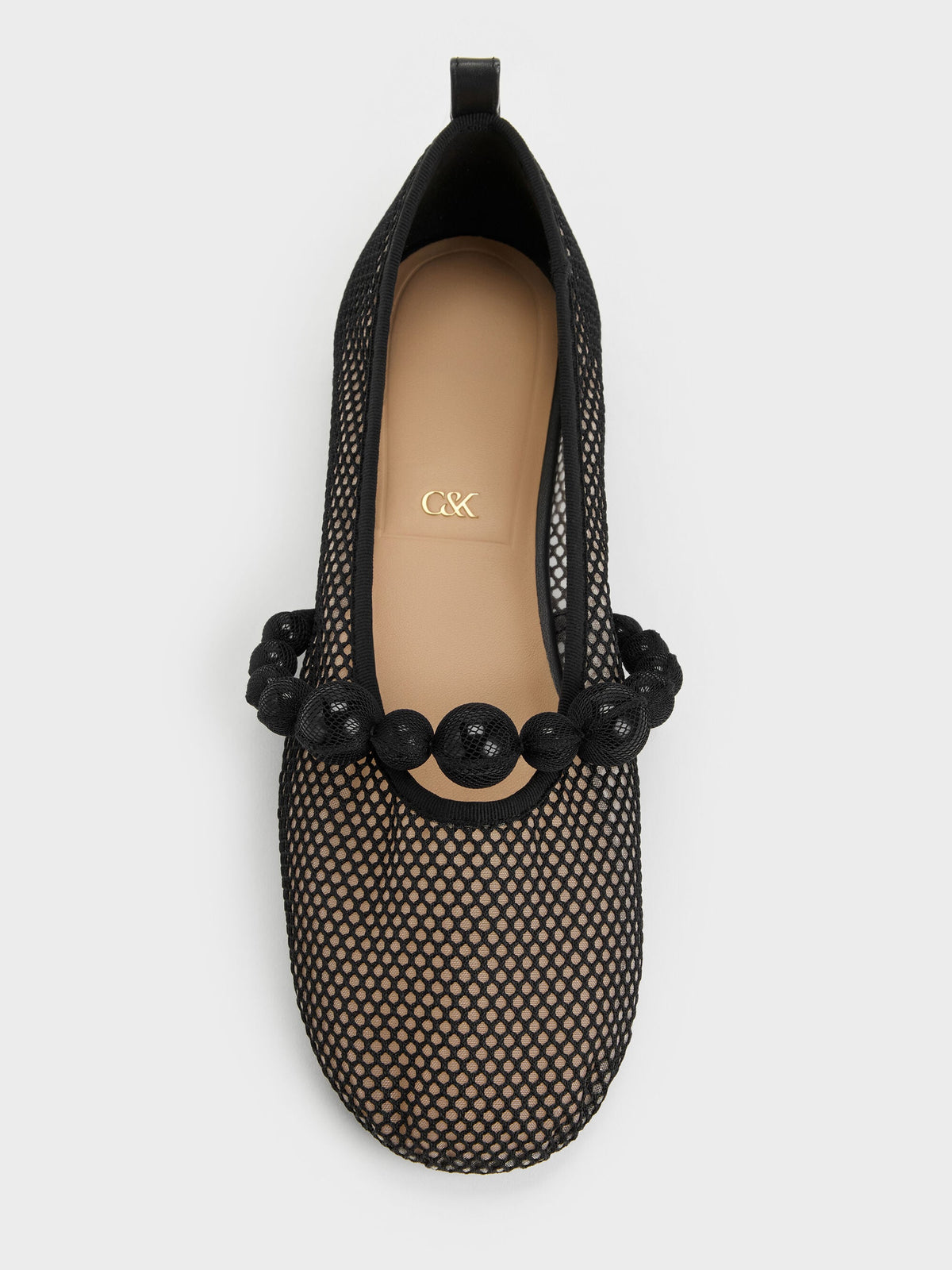CHARLES & KEITH Classic / Leather Mesh Beaded Mary Jane Flats - Black Textured