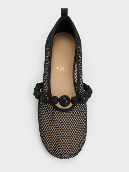 CHARLES & KEITH Classic / Leather Mesh Beaded Mary Jane Flats - Black Textured