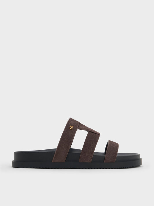 CHARLES & KEITH Classic / Petina Suede Flatform Sandals - Dark Brown Textured