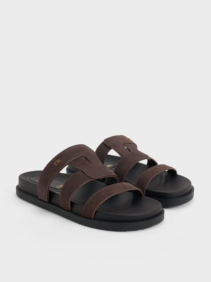 CHARLES & KEITH Classic / Petina Suede Flatform Sandals - Dark Brown Textured