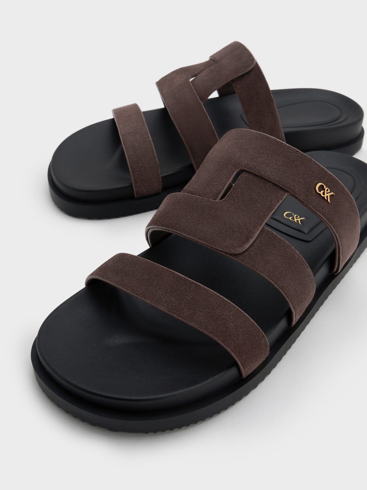 CHARLES & KEITH Classic / Petina Suede Flatform Sandals - Dark Brown Textured