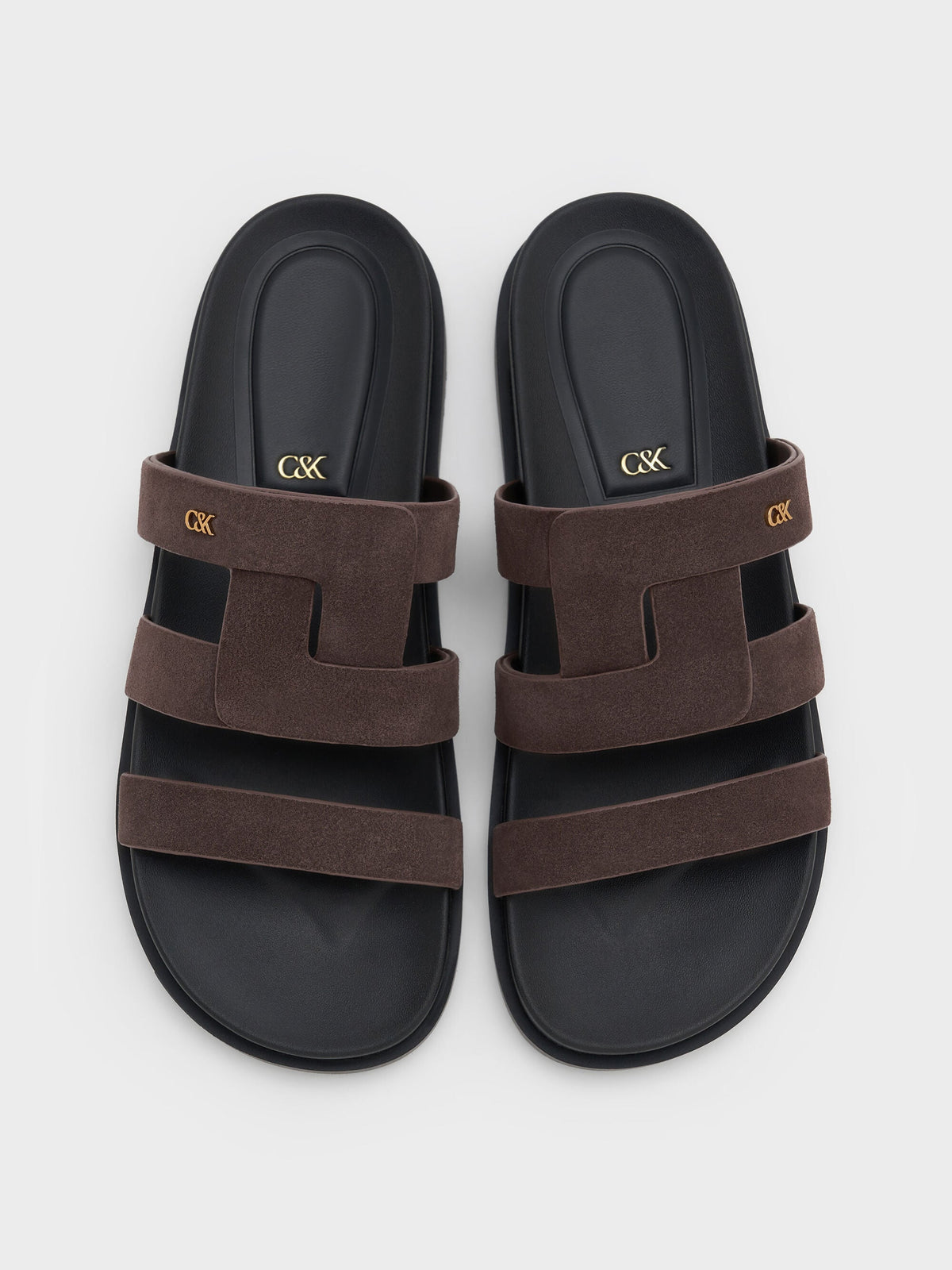 CHARLES & KEITH Classic / Petina Suede Flatform Sandals - Dark Brown Textured