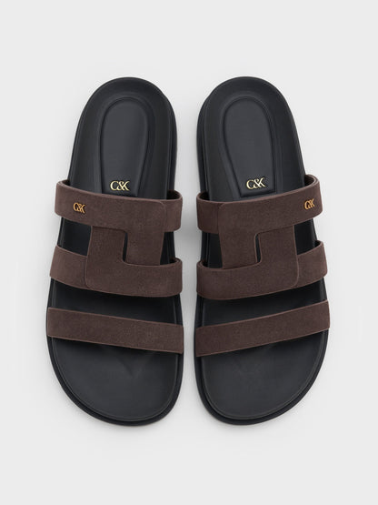 CHARLES & KEITH Classic / Petina Suede Flatform Sandals - Dark Brown Textured