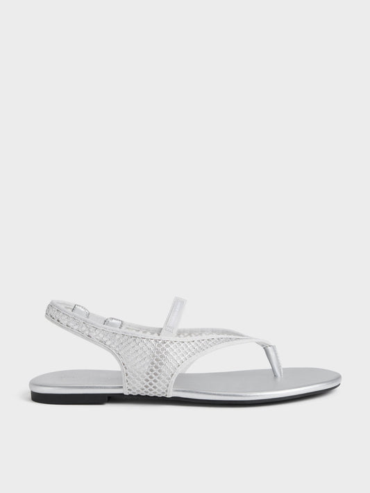 CHARLES & KEITH Quality / Ellory Mesh Thong Slingback Sandals - Silver