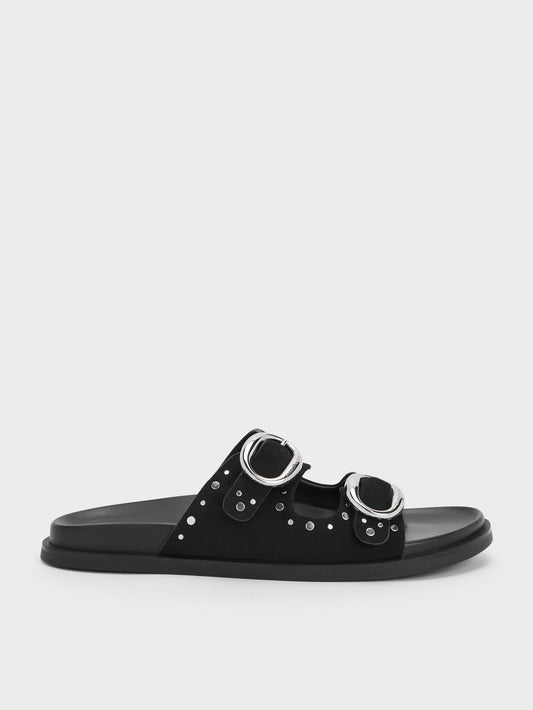 CHARLES & KEITH Special Offer / Studded Buckled Double-Strap Slides - Black