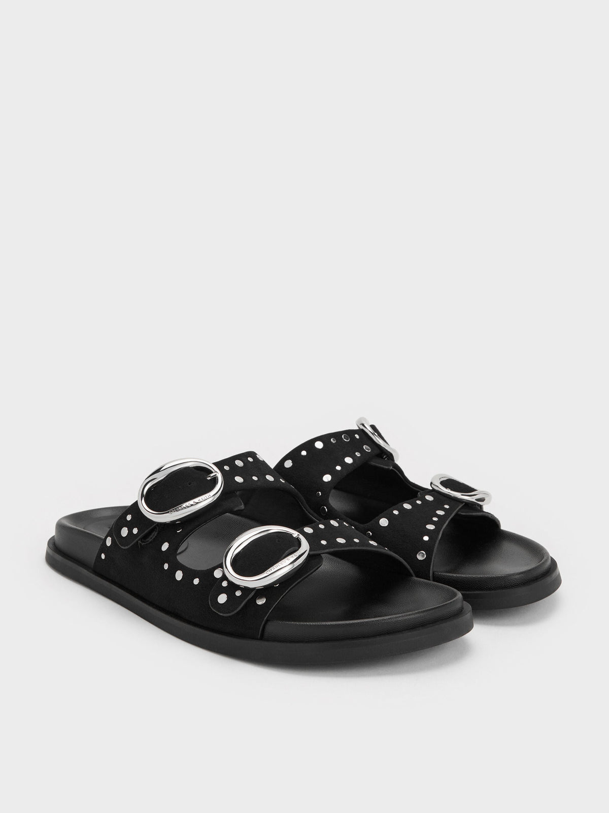 CHARLES & KEITH Special Offer / Studded Buckled Double-Strap Slides - Black