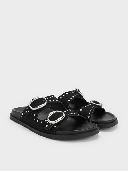 CHARLES & KEITH Special Offer / Studded Buckled Double-Strap Slides - Black