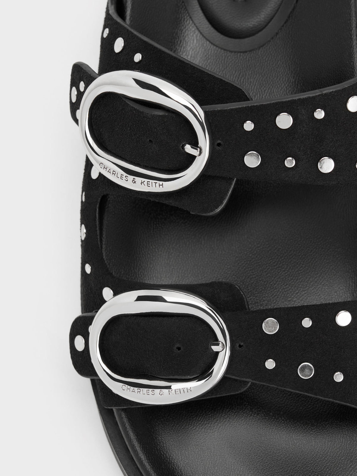 CHARLES & KEITH Special Offer / Studded Buckled Double-Strap Slides - Black