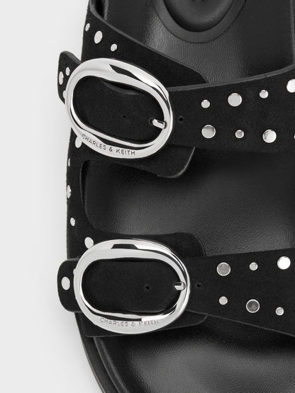 CHARLES & KEITH Special Offer / Studded Buckled Double-Strap Slides - Black