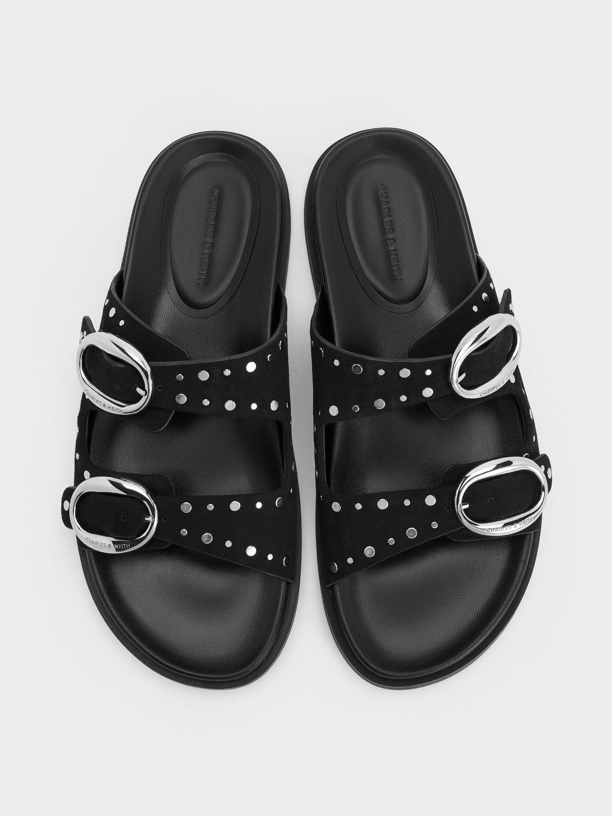 CHARLES & KEITH Special Offer / Studded Buckled Double-Strap Slides - Black