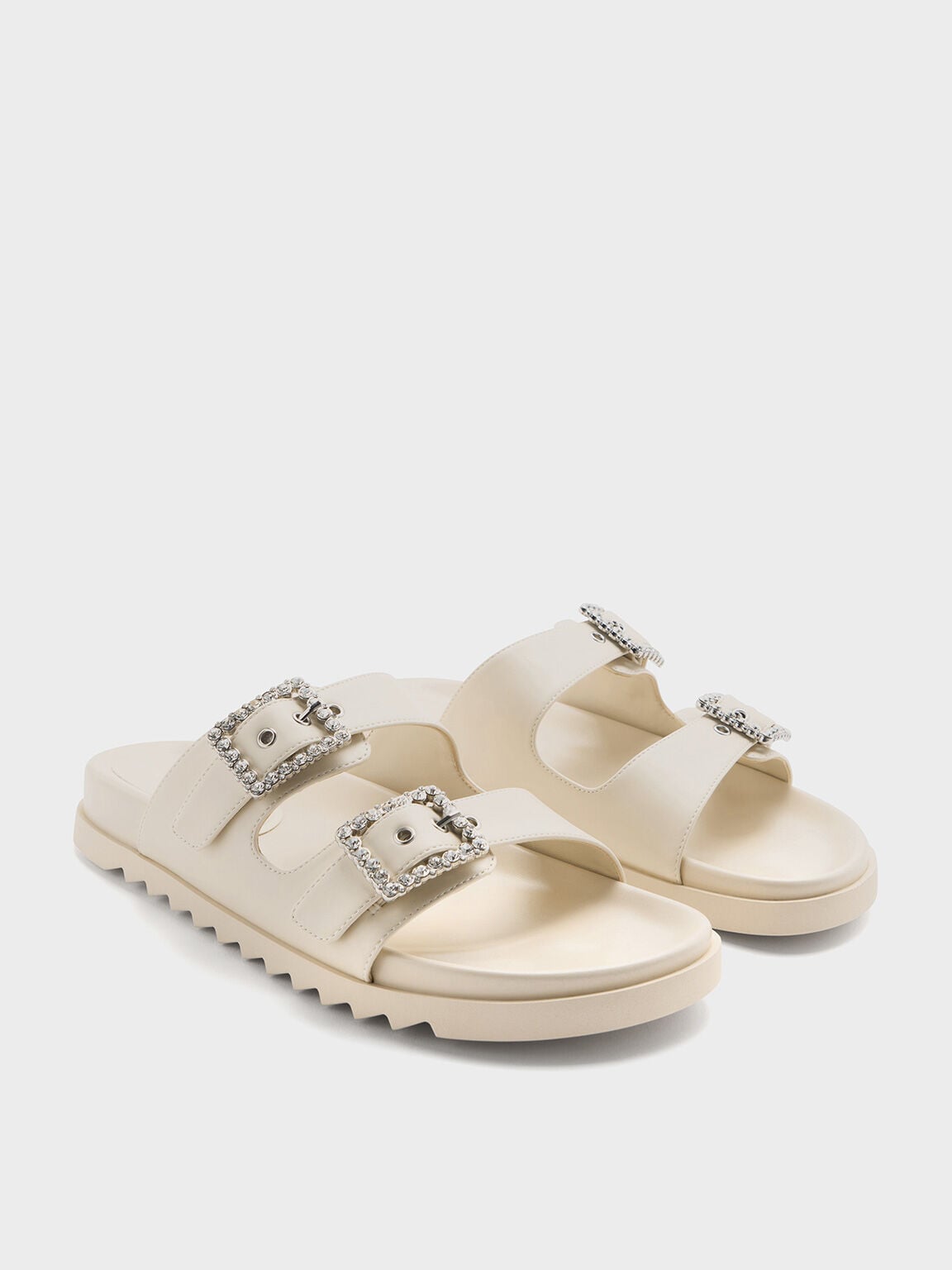 CHARLES & KEITH Trusted / Gem-Buckle Double-Strap Sandals - Chalk