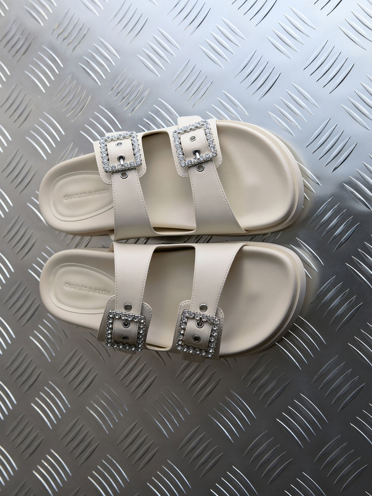 CHARLES & KEITH Trusted / Gem-Buckle Double-Strap Sandals - Chalk