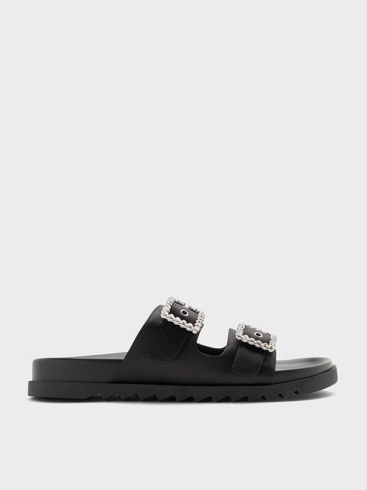 CHARLES & KEITH Special Offer / Gem-Buckle Double-Strap Sandals - Black Textured
