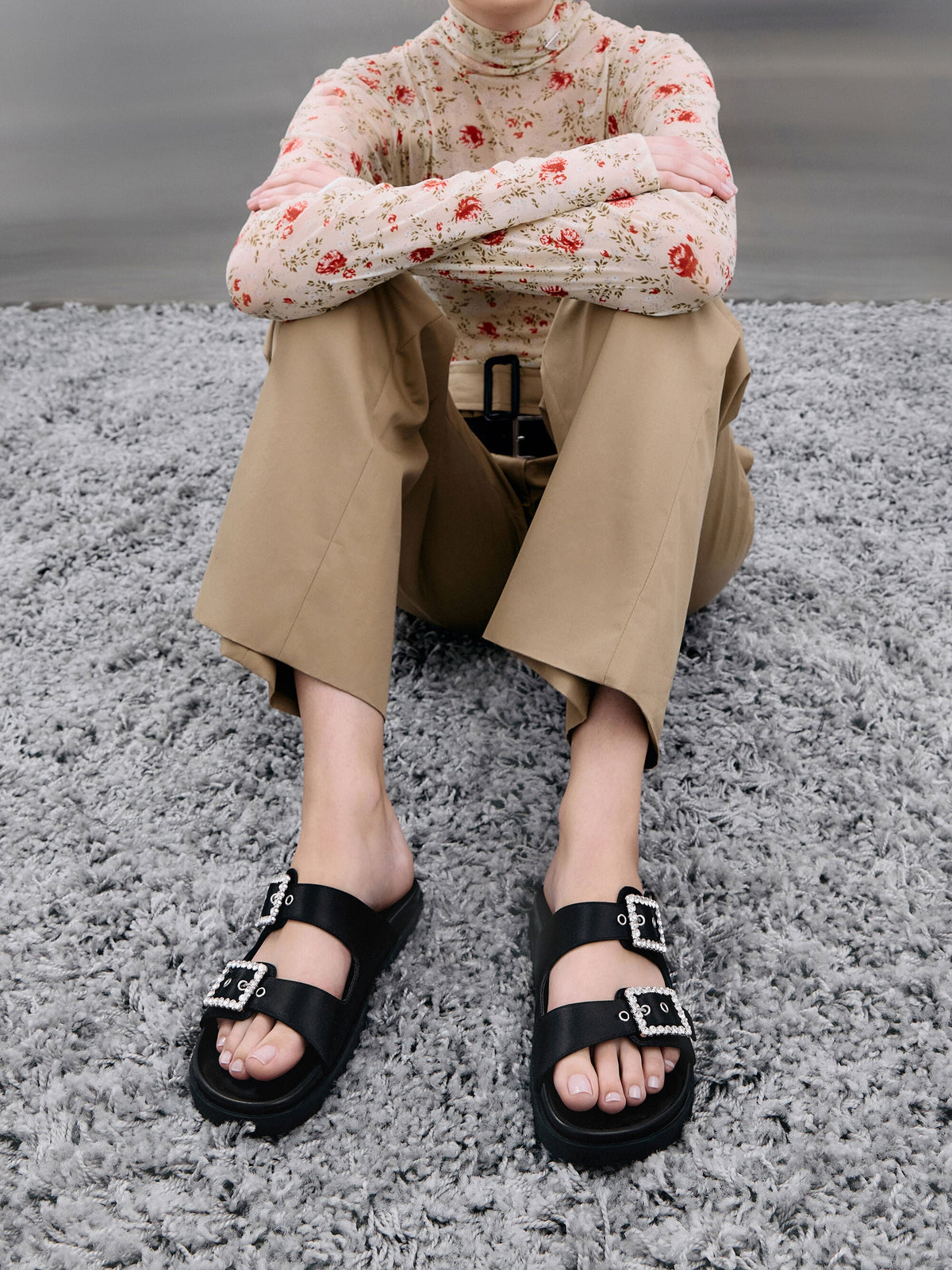 CHARLES & KEITH Special Offer / Gem-Buckle Double-Strap Sandals - Black Textured