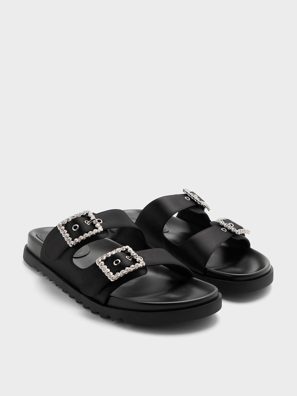 CHARLES & KEITH Special Offer / Gem-Buckle Double-Strap Sandals - Black Textured
