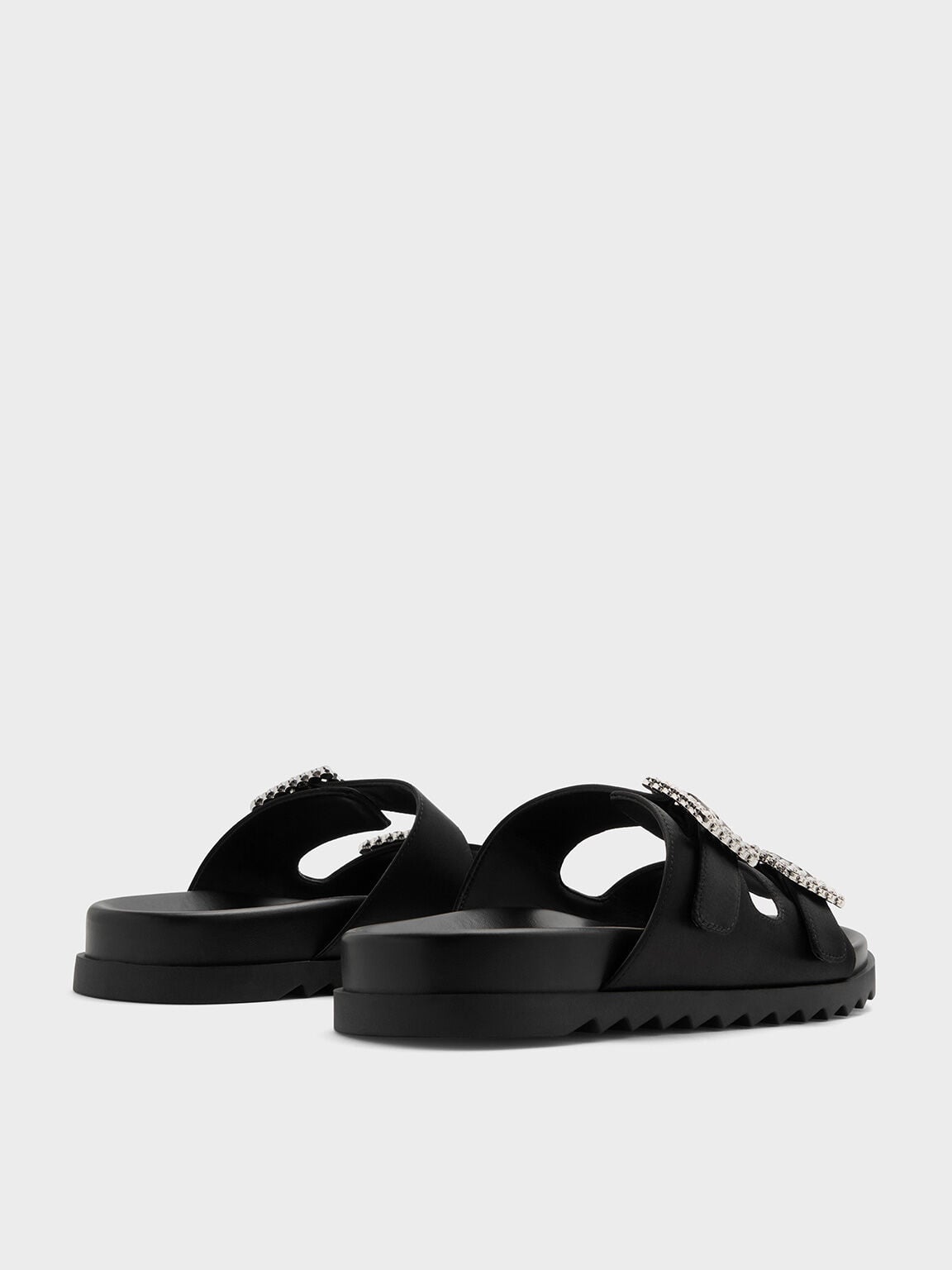 CHARLES & KEITH Special Offer / Gem-Buckle Double-Strap Sandals - Black Textured