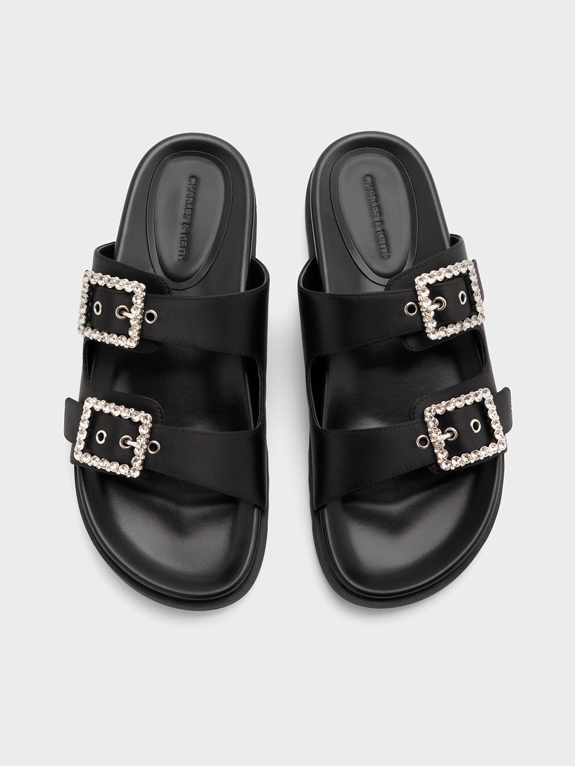 CHARLES & KEITH Special Offer / Gem-Buckle Double-Strap Sandals - Black Textured