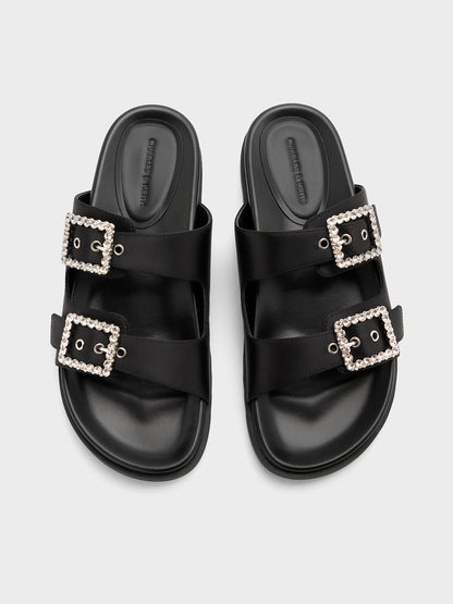 CHARLES & KEITH Special Offer / Gem-Buckle Double-Strap Sandals - Black Textured
