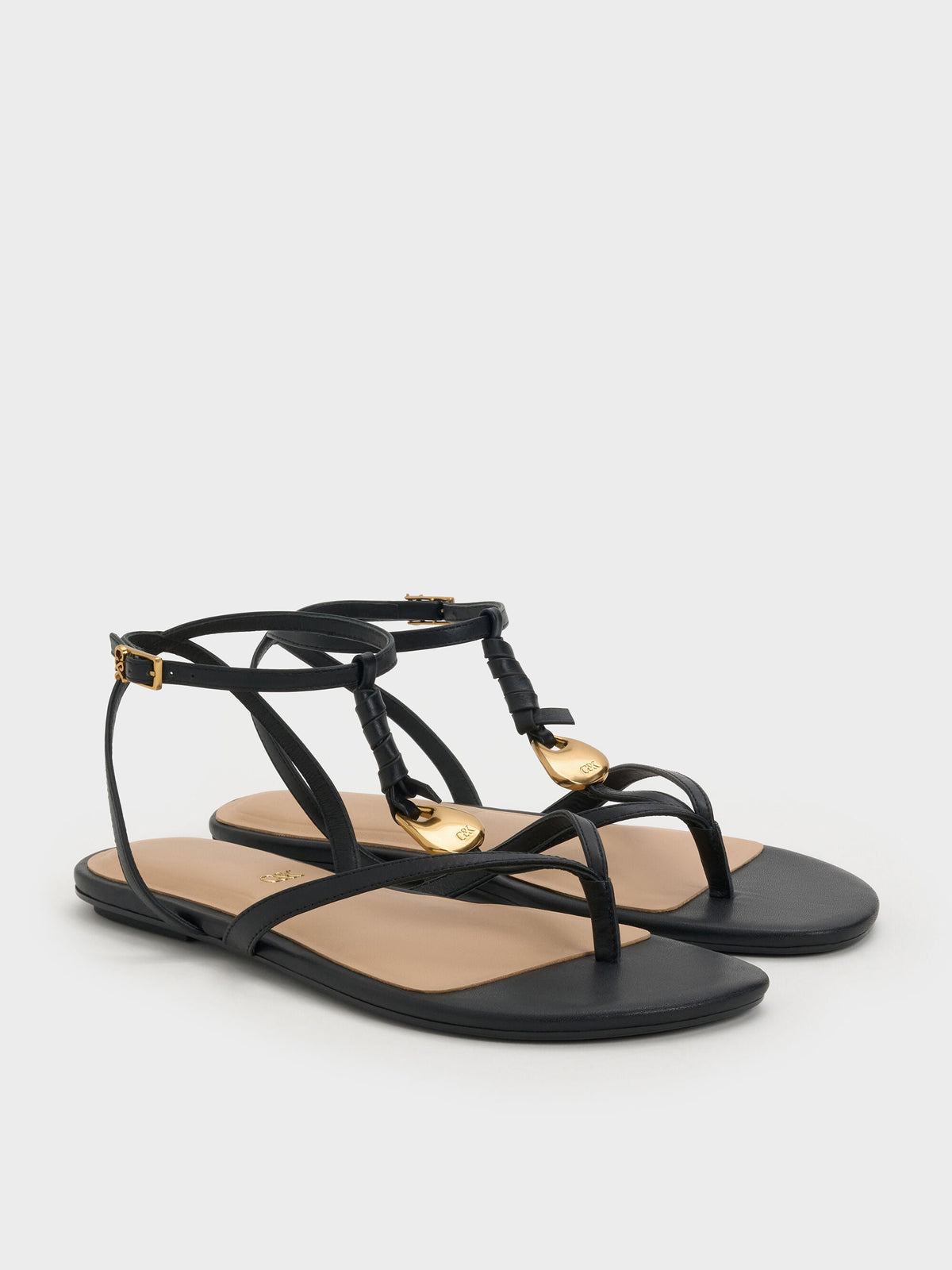 CHARLES & KEITH Sale / Adema Leather Strappy Thong Sandals - Black