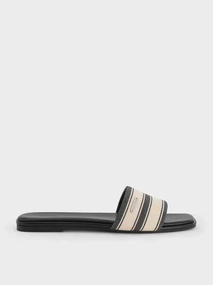 CHARLES & KEITH Trending / Striped Square-Toe Slide Sandals - Black Textured
