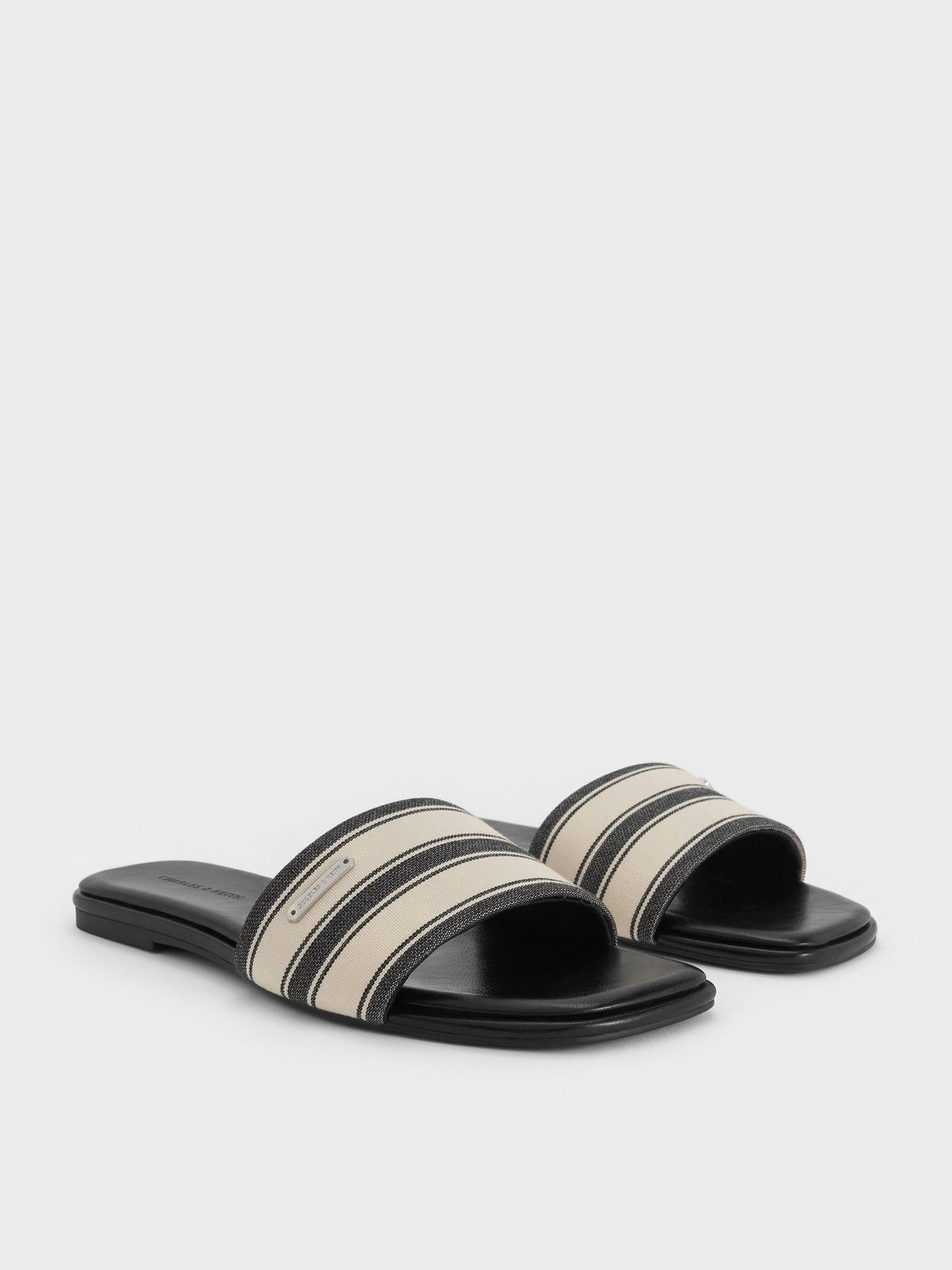 CHARLES & KEITH Trending / Striped Square-Toe Slide Sandals - Black Textured