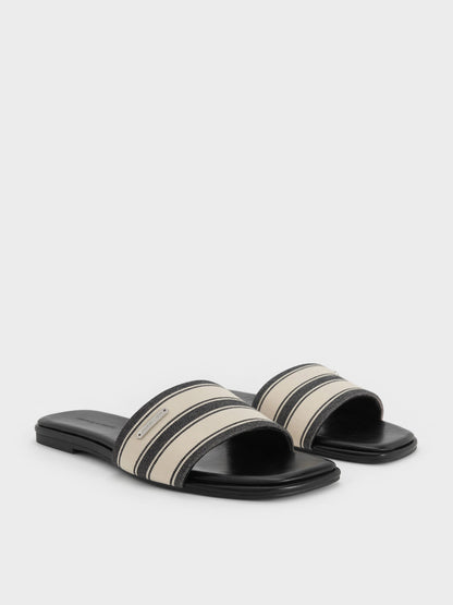 CHARLES & KEITH Trending / Striped Square-Toe Slide Sandals - Black Textured