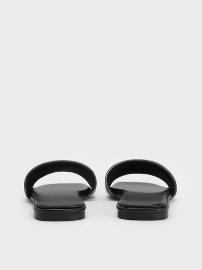 CHARLES & KEITH Trending / Striped Square-Toe Slide Sandals - Black Textured