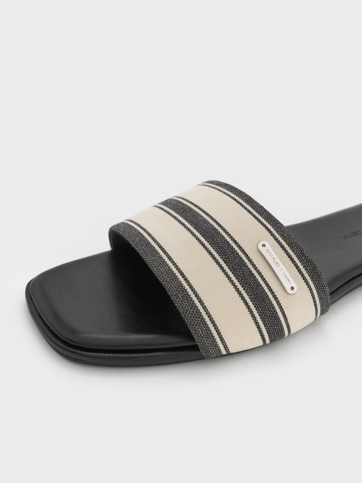 CHARLES & KEITH Trending / Striped Square-Toe Slide Sandals - Black Textured