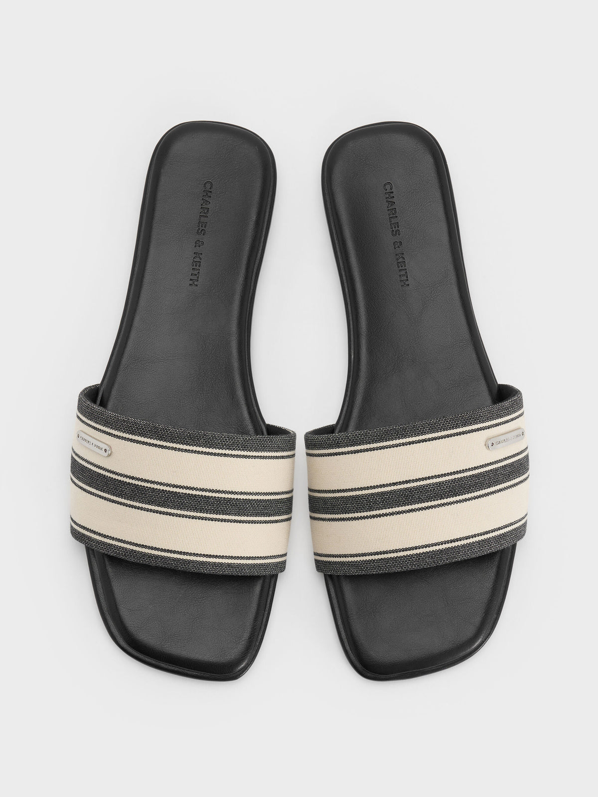 CHARLES & KEITH Trending / Striped Square-Toe Slide Sandals - Black Textured
