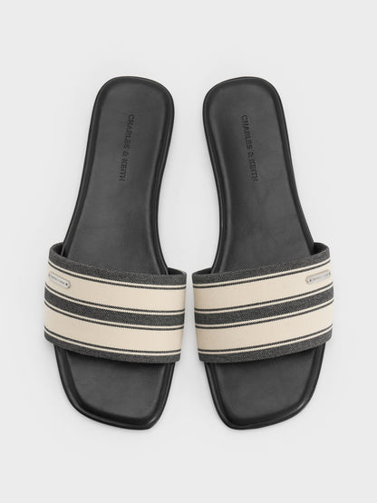 CHARLES & KEITH Trending / Striped Square-Toe Slide Sandals - Black Textured