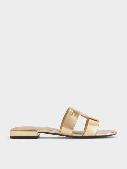 CHARLES & KEITH Best Seller / Petina Metallic Leather Slide Sandals - Gold