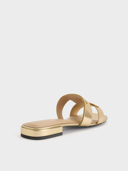 CHARLES & KEITH Best Seller / Petina Metallic Leather Slide Sandals - Gold