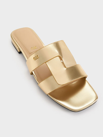 CHARLES & KEITH Best Seller / Petina Metallic Leather Slide Sandals - Gold