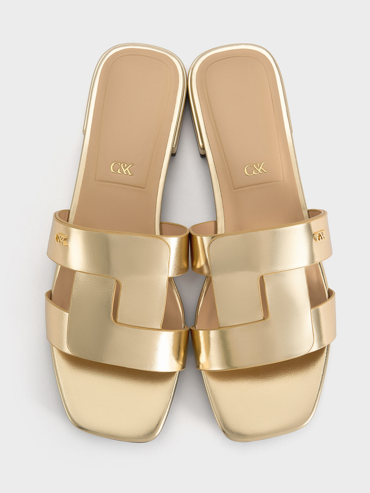 CHARLES & KEITH Best Seller / Petina Metallic Leather Slide Sandals - Gold
