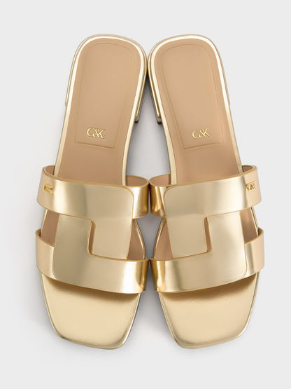 CHARLES & KEITH Best Seller / Petina Metallic Leather Slide Sandals - Gold