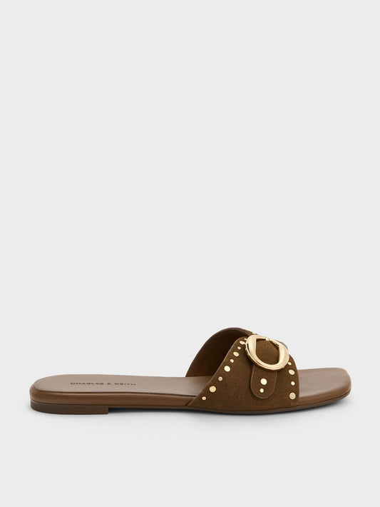 CHARLES & KEITH Best Seller / Studded Buckled Slide Sandals - Brown