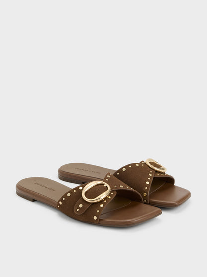 CHARLES & KEITH Best Seller / Studded Buckled Slide Sandals - Brown